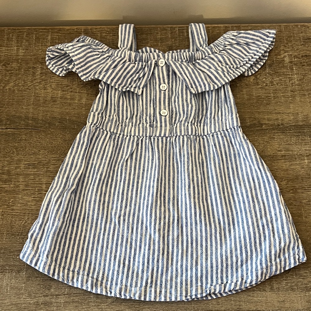 Old Navy Blue and White Striped Ruffle Off-Shoulder Dress